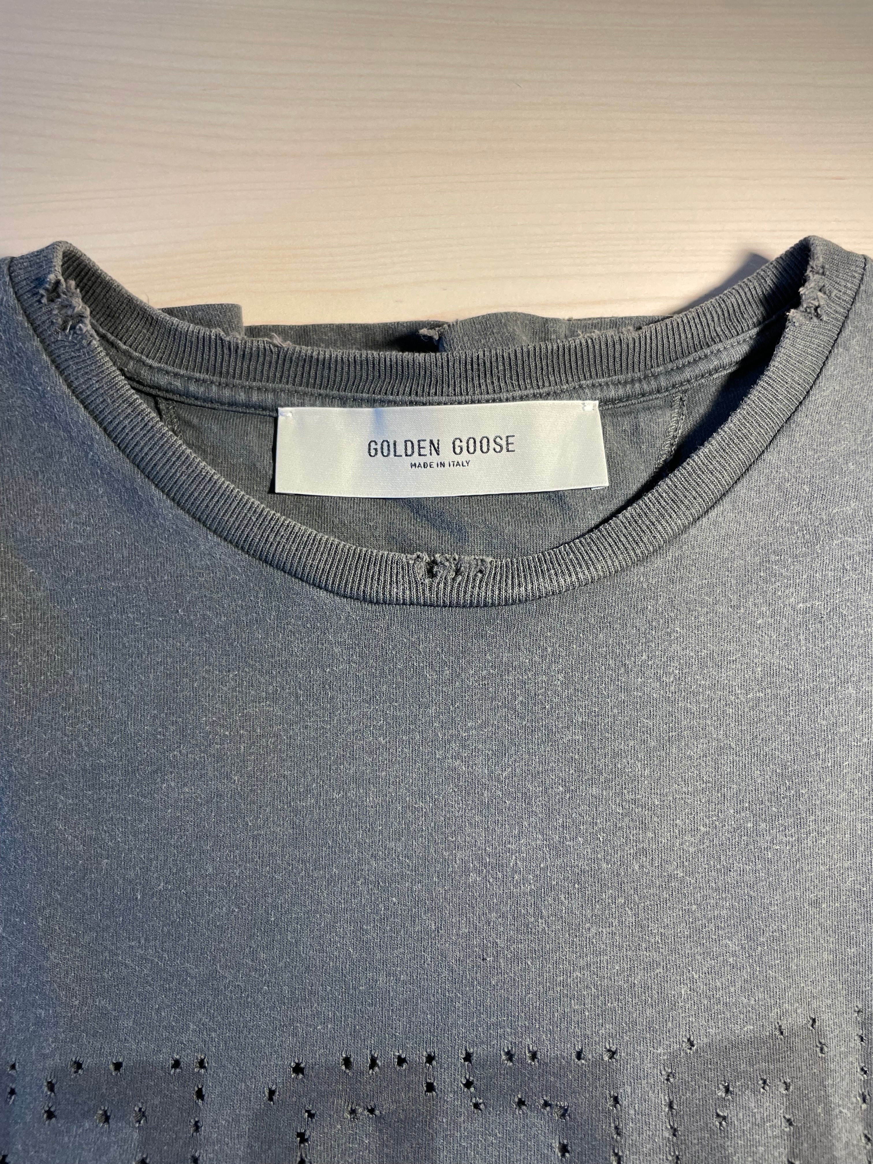 Maglia Golden Goose grigia trattamento distressed scritta Golden