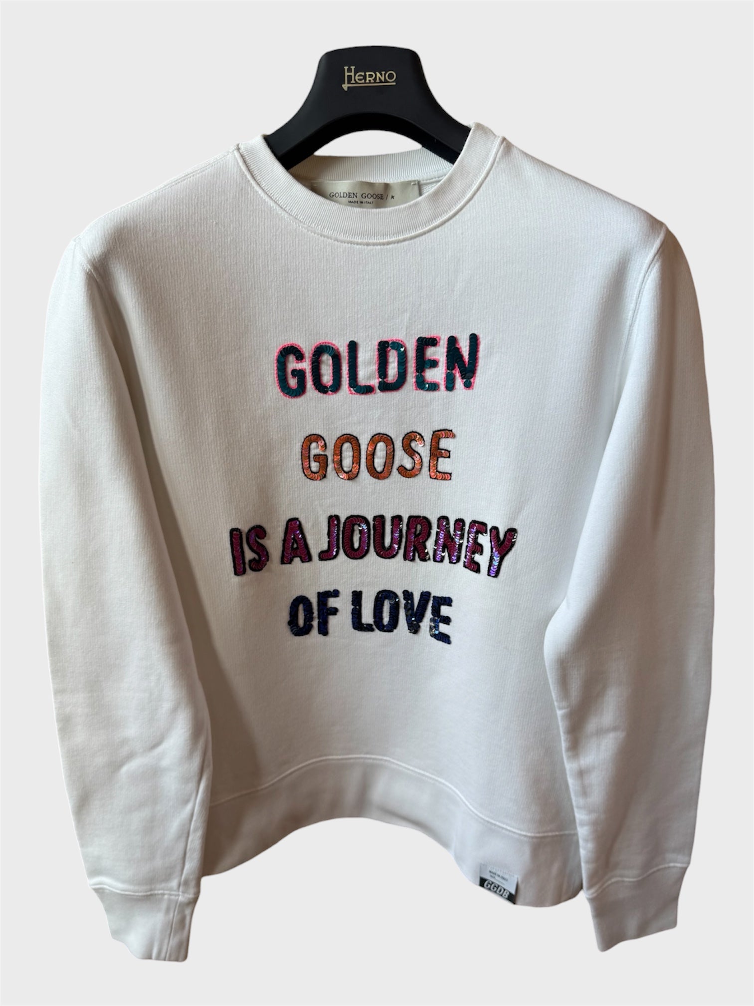 Felpa Golden Goose bianca "Is a Journey of Love" con paillettes