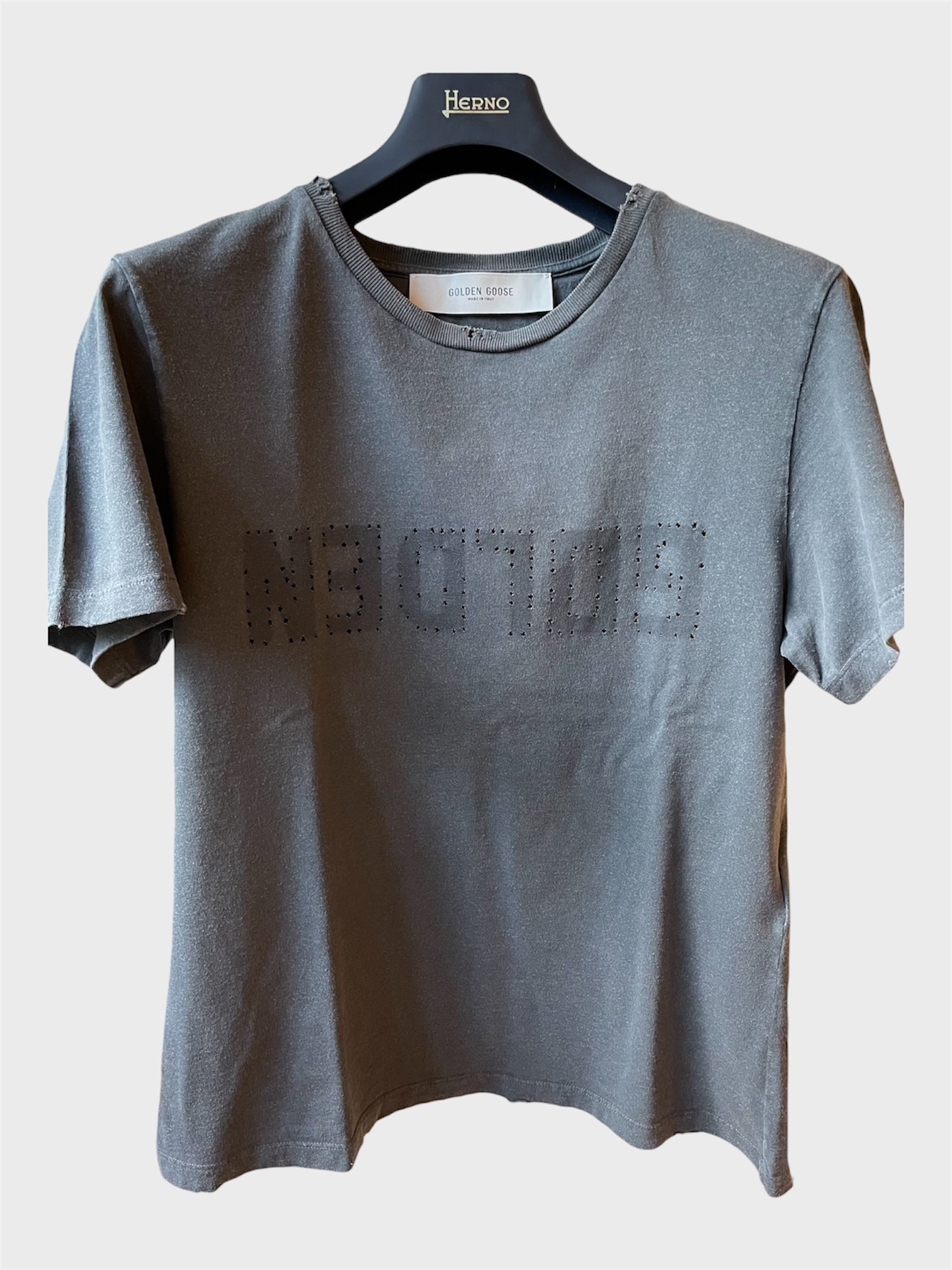 Maglia Golden Goose grigia trattamento distressed scritta Golden