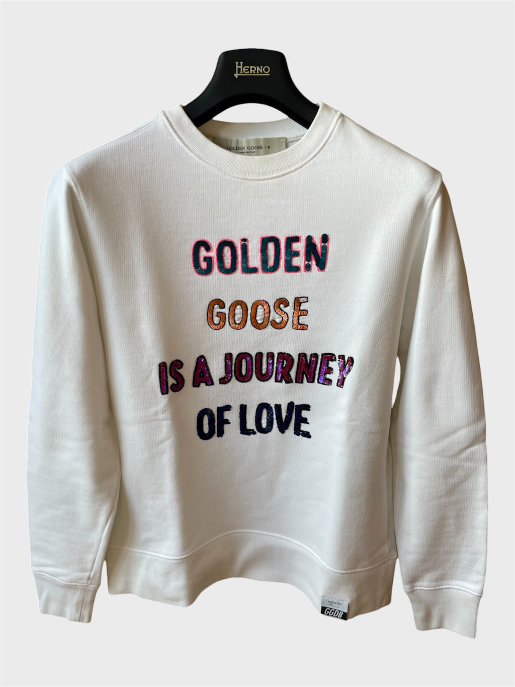 Felpa Golden Goose bianca "Is a Journey of Love" con paillettes