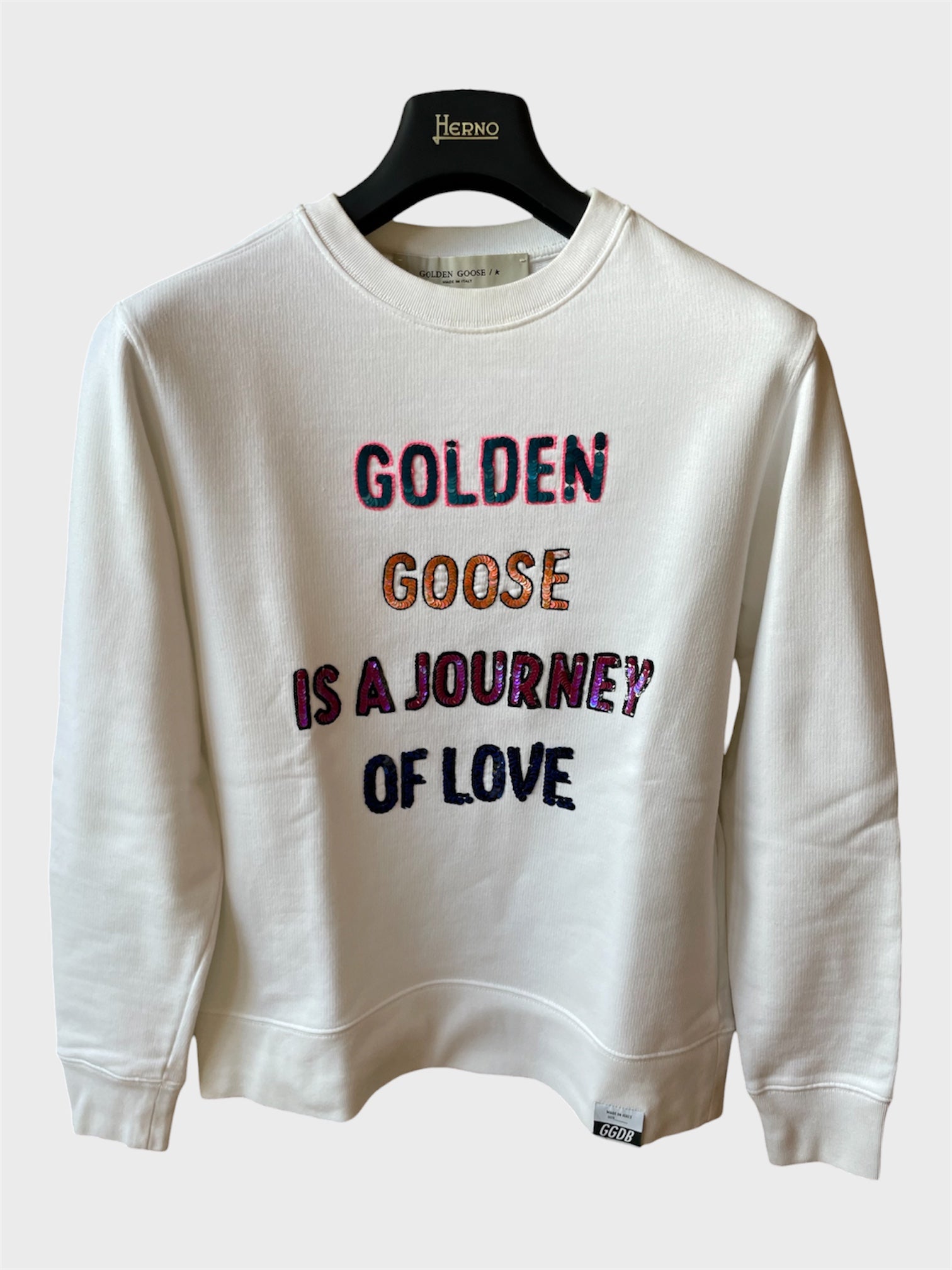 Felpa Golden Goose bianca "Is a Journey of Love" con paillettes