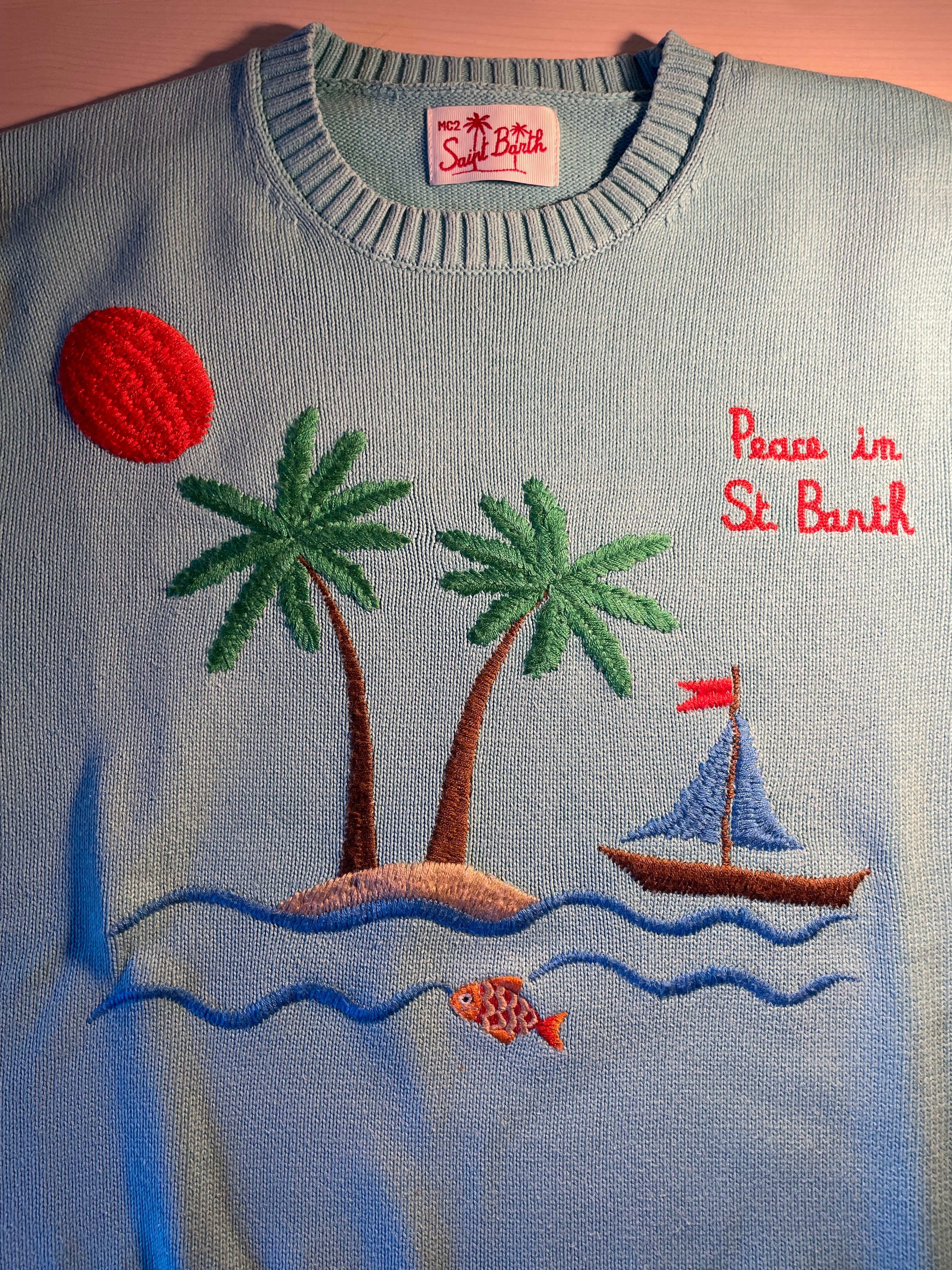 Maglione Saint Barth azzurro "Peace in St. Barth"