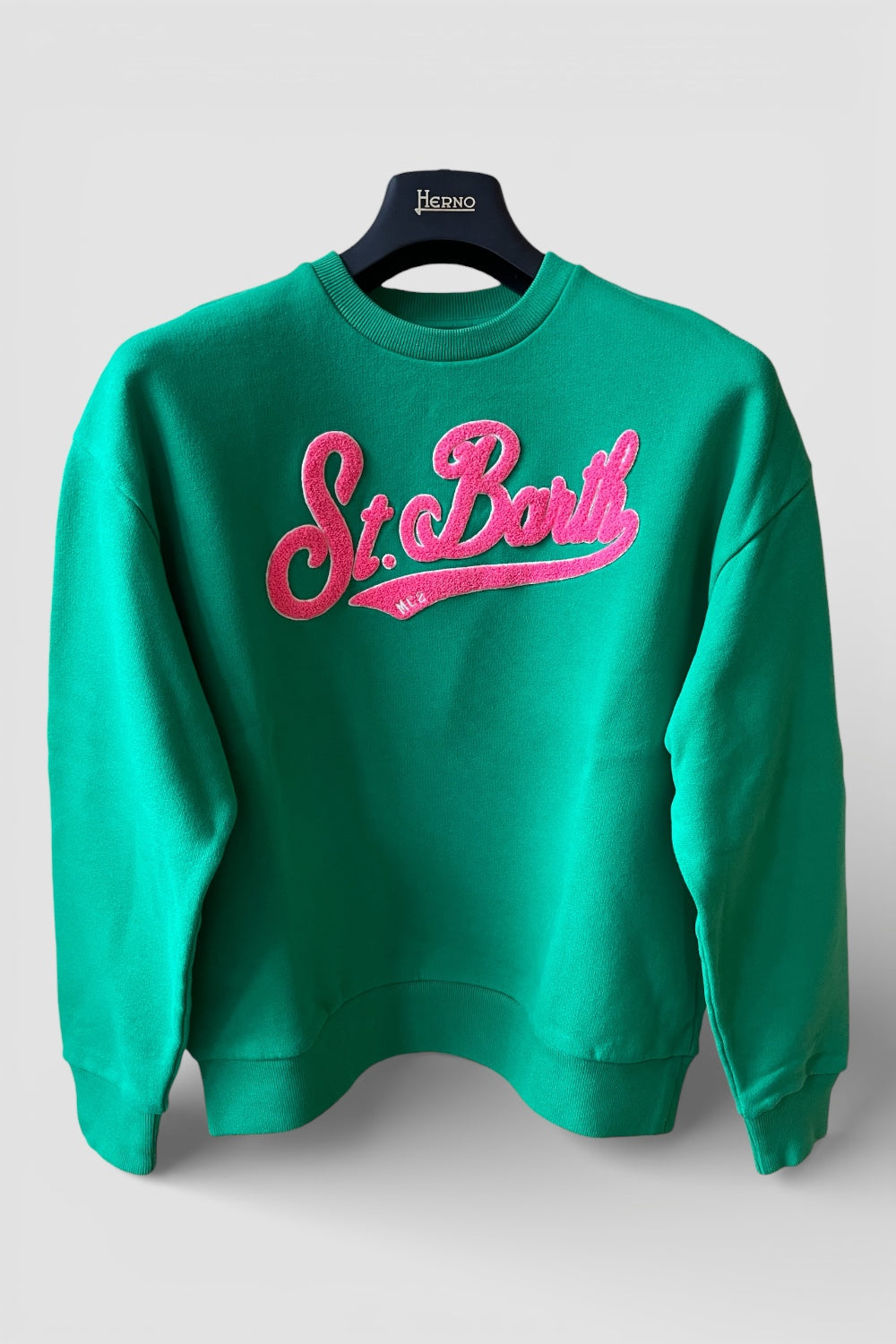 Felpa Saint Barth verde scritta rosa "St. Barth"