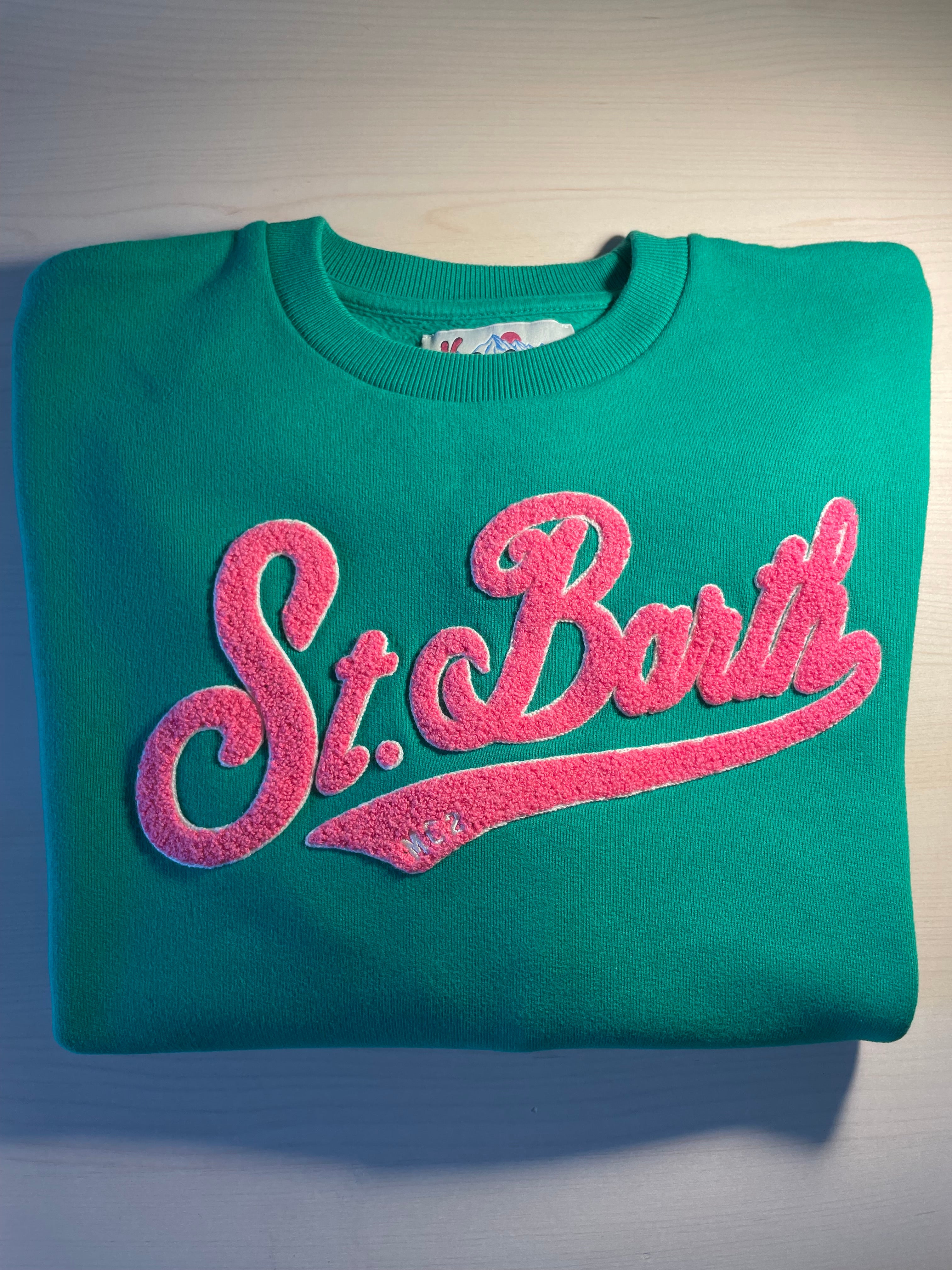 Felpa Saint Barth verde scritta rosa "St. Barth"