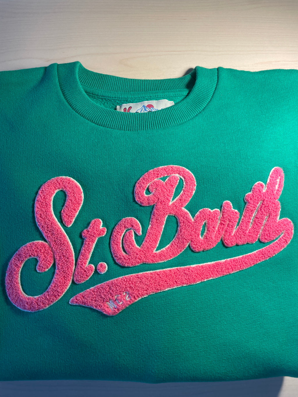 Felpa Saint Barth verde scritta rosa "St. Barth"