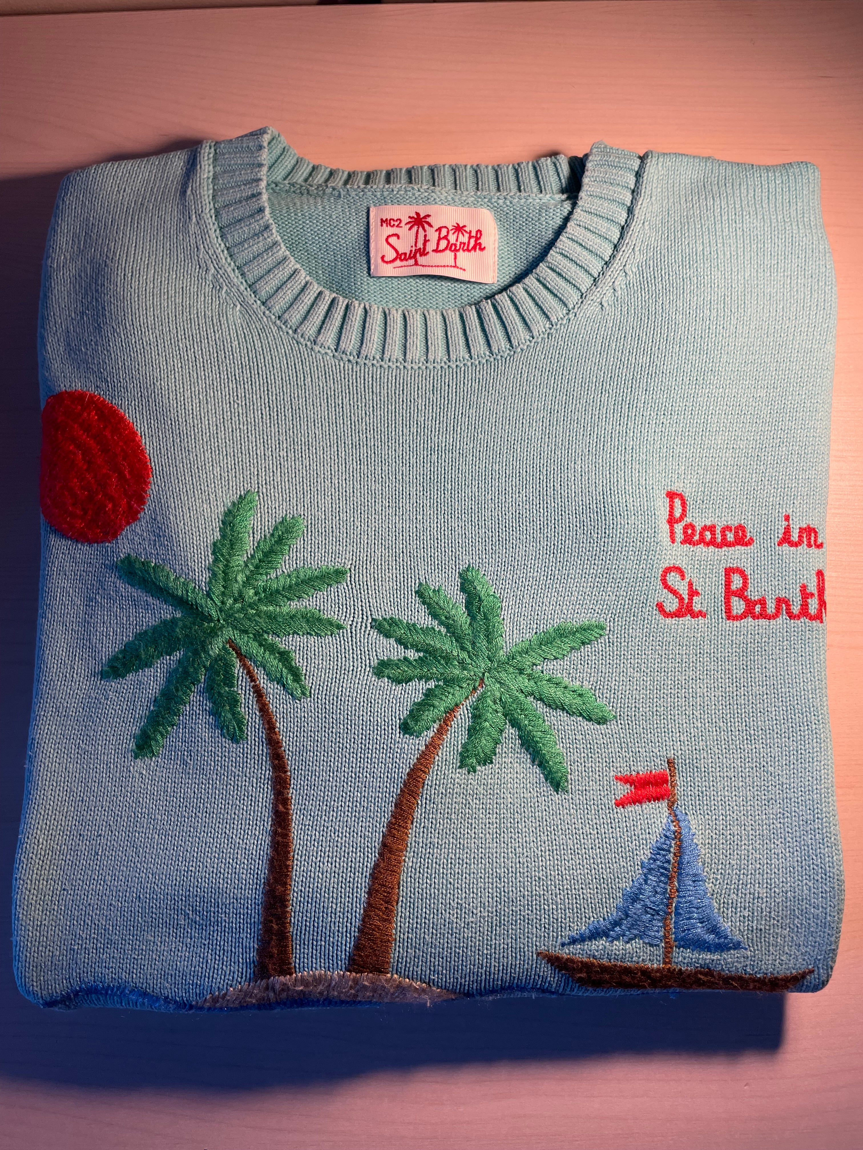 Maglione Saint Barth azzurro "Peace in St. Barth"