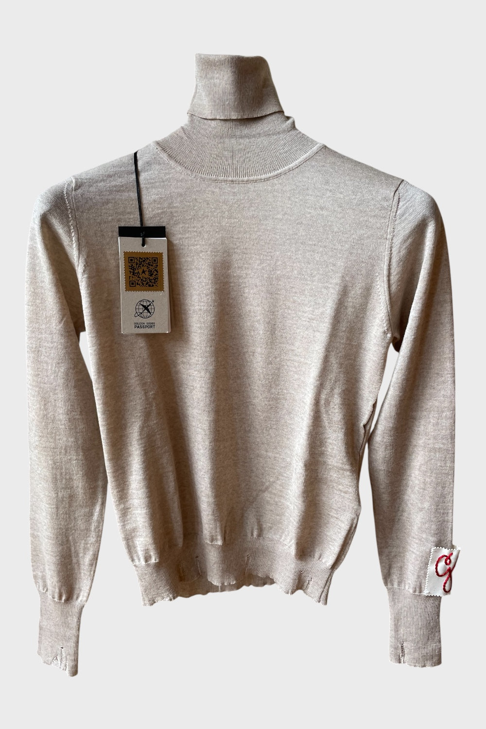 Maglione dolcevita Golden Goose beige trattamento distressed con patch nuovo