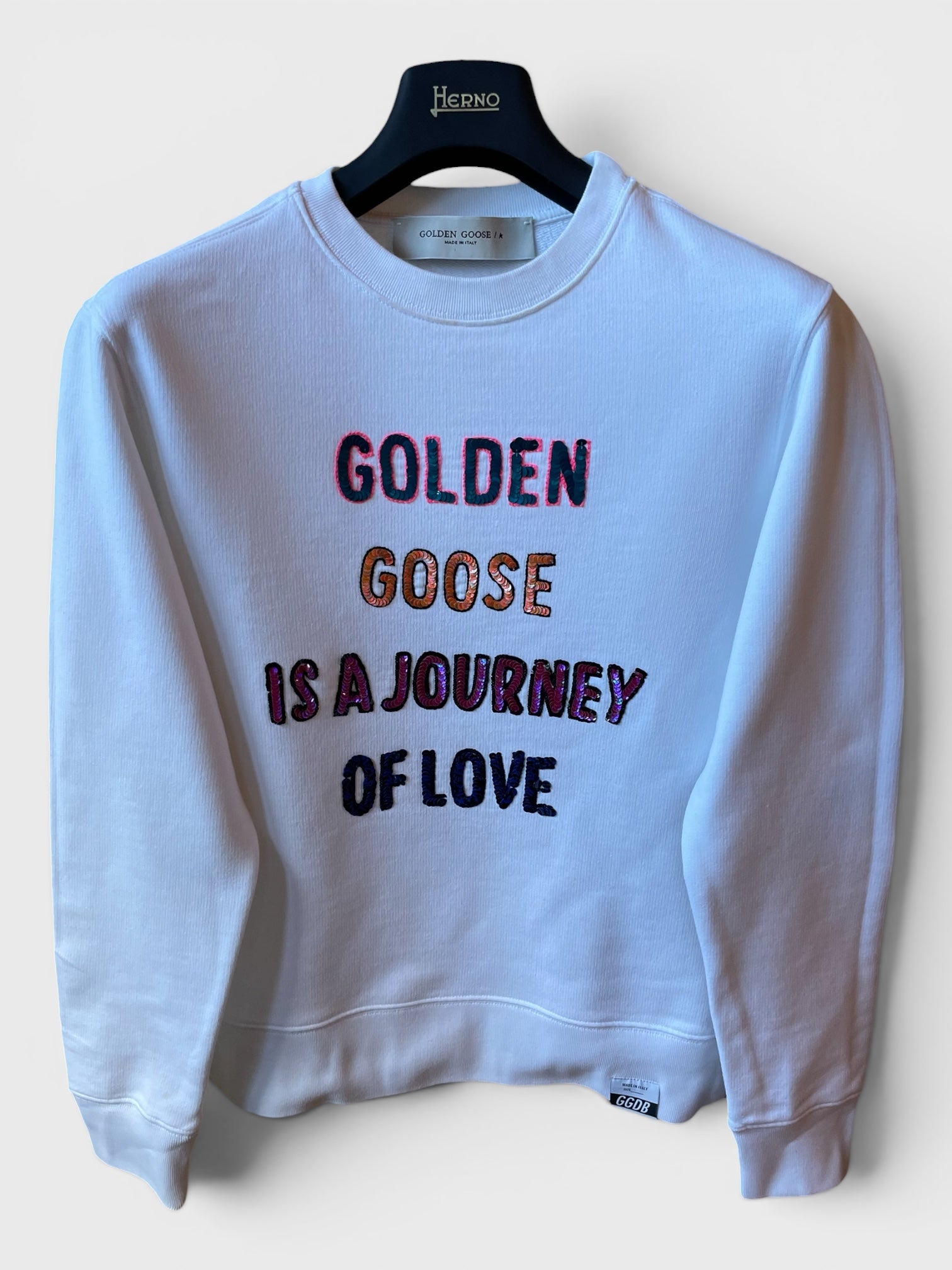 Felpa Golden Goose bianca "Is a Journey of Love" con paillettes
